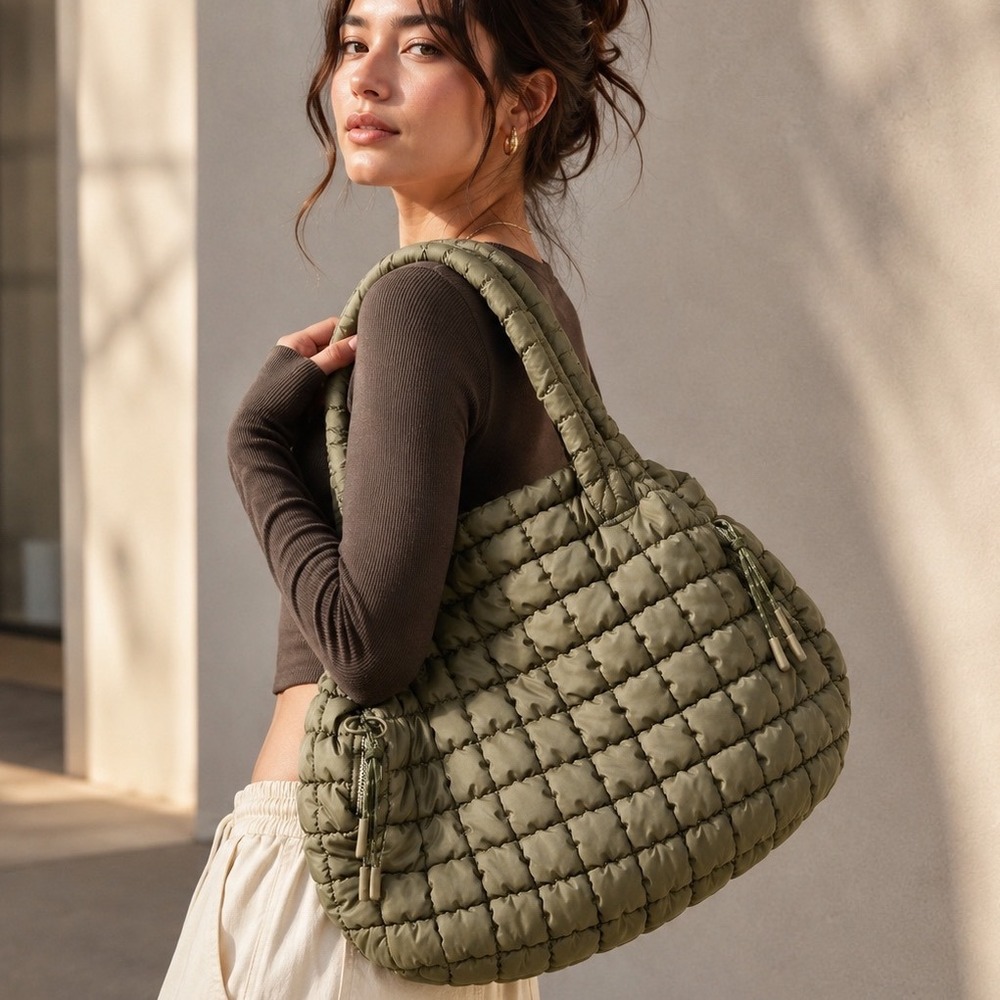 Urban Expressions Urbanfit Quilted Puffer Tote Bag Olive Green Shoulder Bag